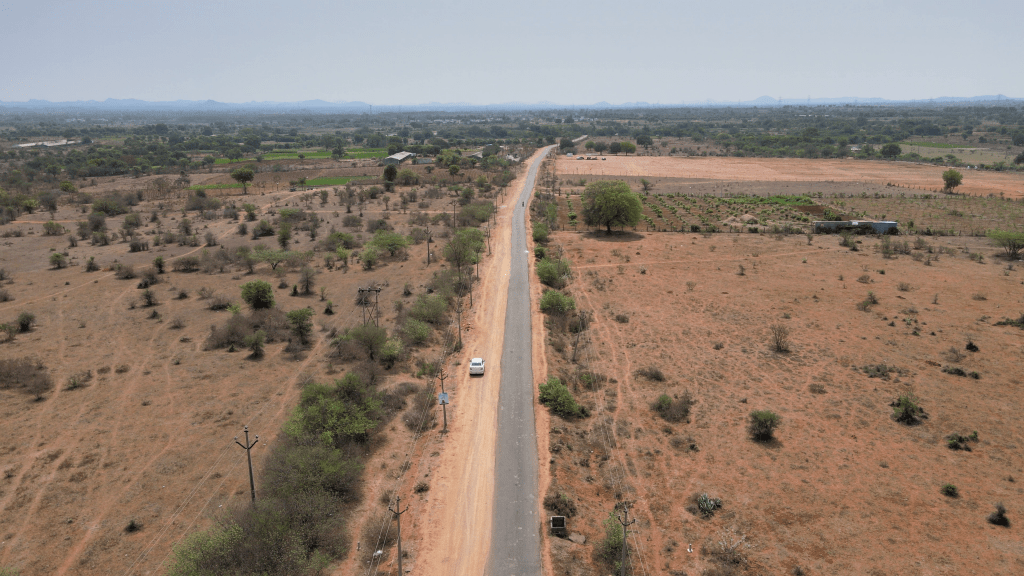 Aerial view of Pharma City 200 ft main road in Hyderabad